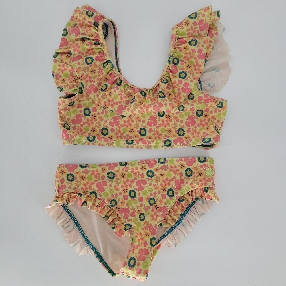 Scotch & Soda Lime Green Pink Floral Ruffle Two Piece Bikini Swim Suit GIRLS 14 - Picture 2 of 8